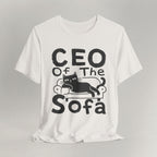 Flat lay of vintage white graphic cat t-shirt with CEO Of The Sofa print design