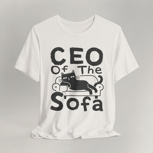 Flat lay of vintage white graphic cat t-shirt with CEO Of The Sofa print design
