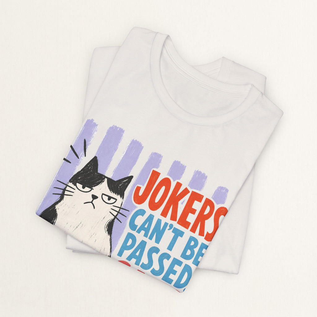 Folded vintage white Jokers Can't Be Passed mahjong cat t-shirt