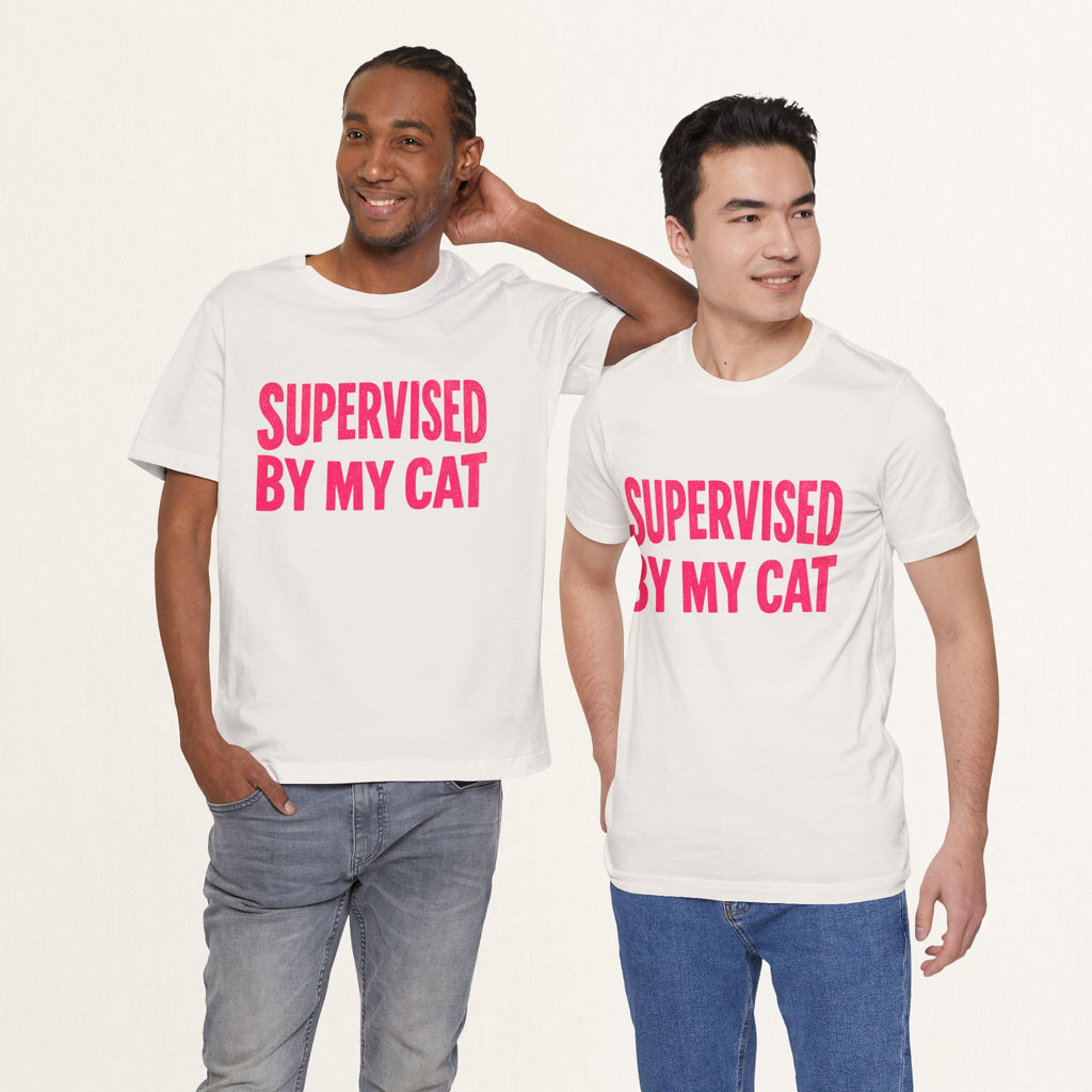 Two men wearing vintage white Supervised By My Cat t-shirts with pink graphic design