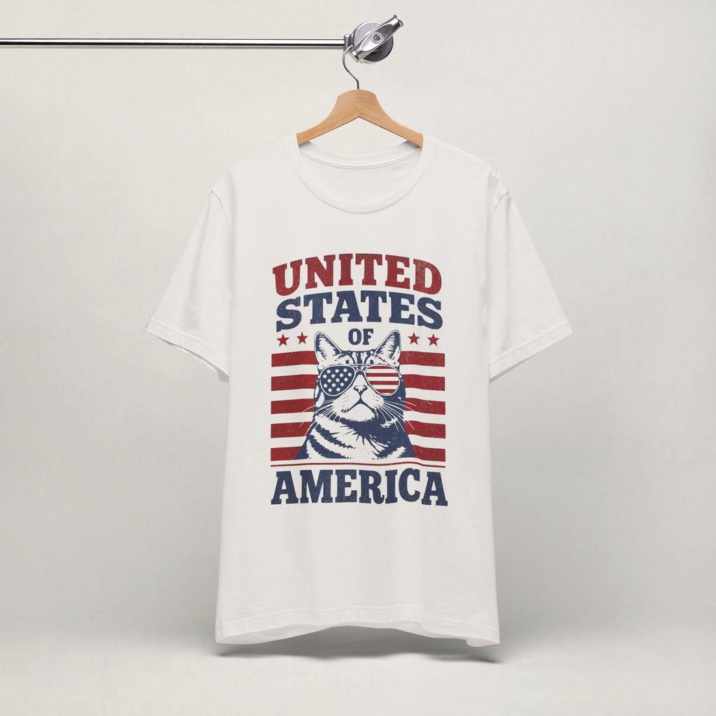 Close-up of United States Of America patriotic print on vintage white unisex t-shirt