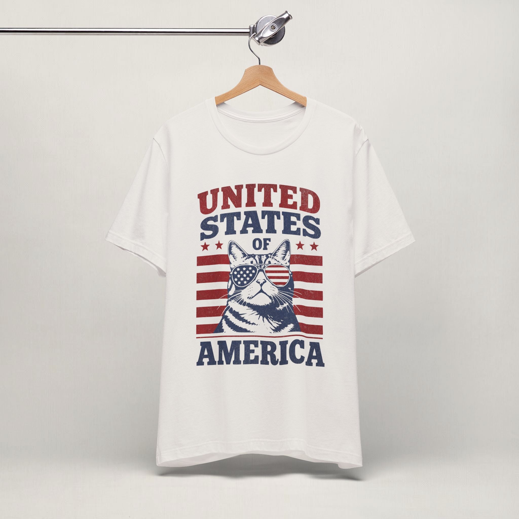 Close-up of United States Of America patriotic print on vintage white unisex t-shirt