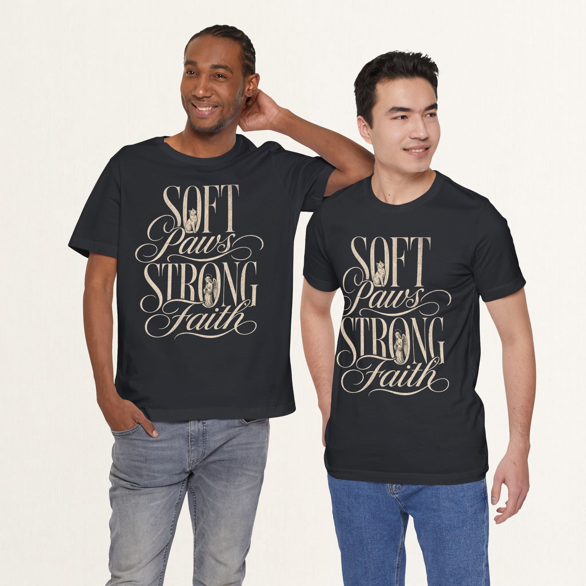 Two men wearing vintage black Soft Paws, Strong Faith cat t-shirts