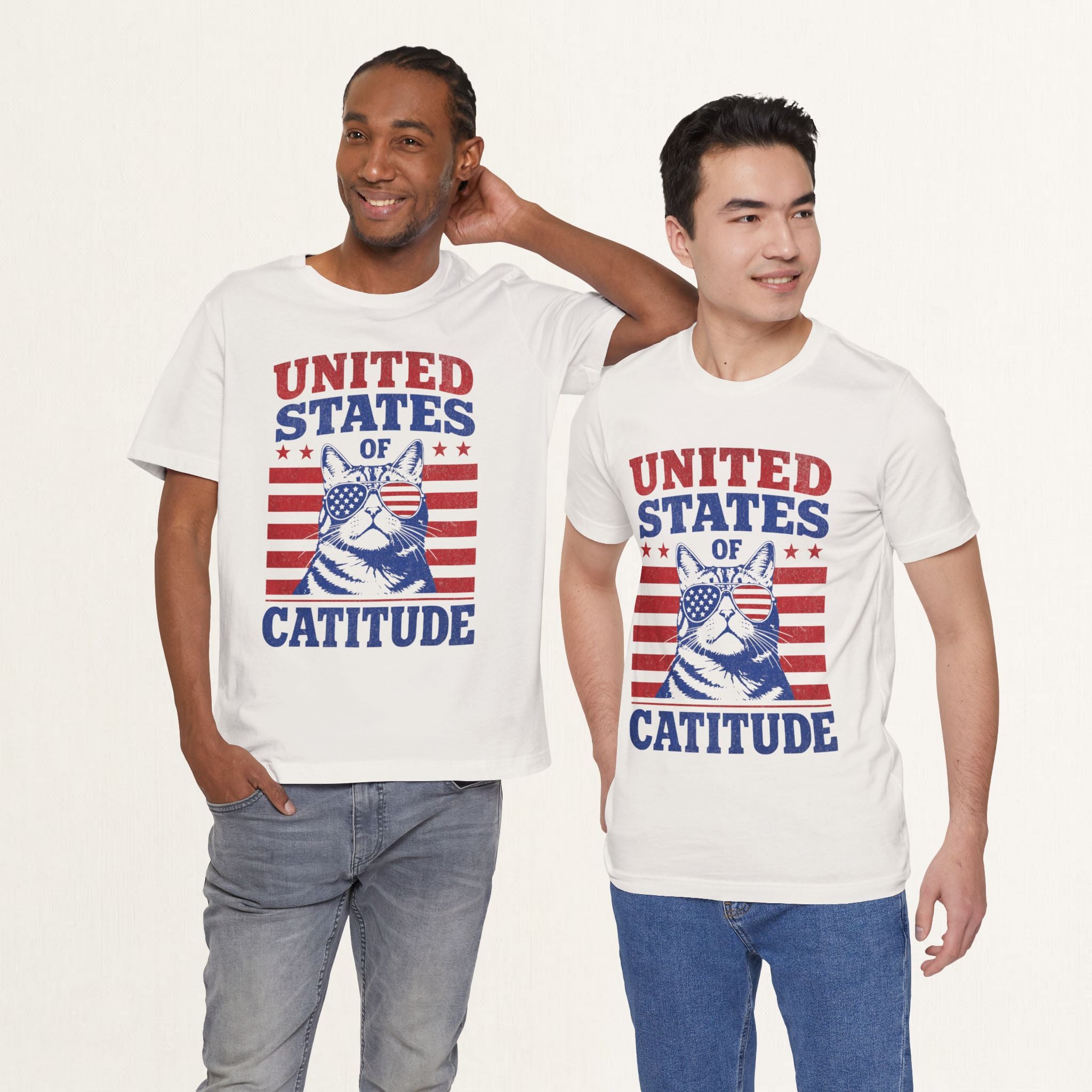 Model wearing vintage white United States Of Catitude patriotic cat t-shirt