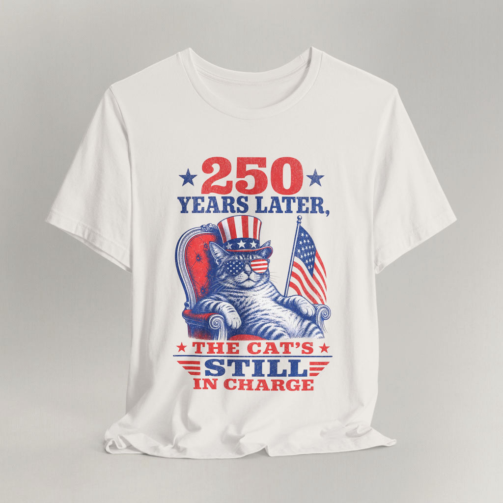 Flat lay of vintage white graphic cat t-shirt with 250 Years Later patriotic cat design