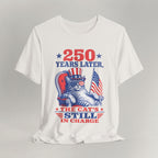 Flat lay of vintage white graphic cat t-shirt with 250 Years Later patriotic cat design