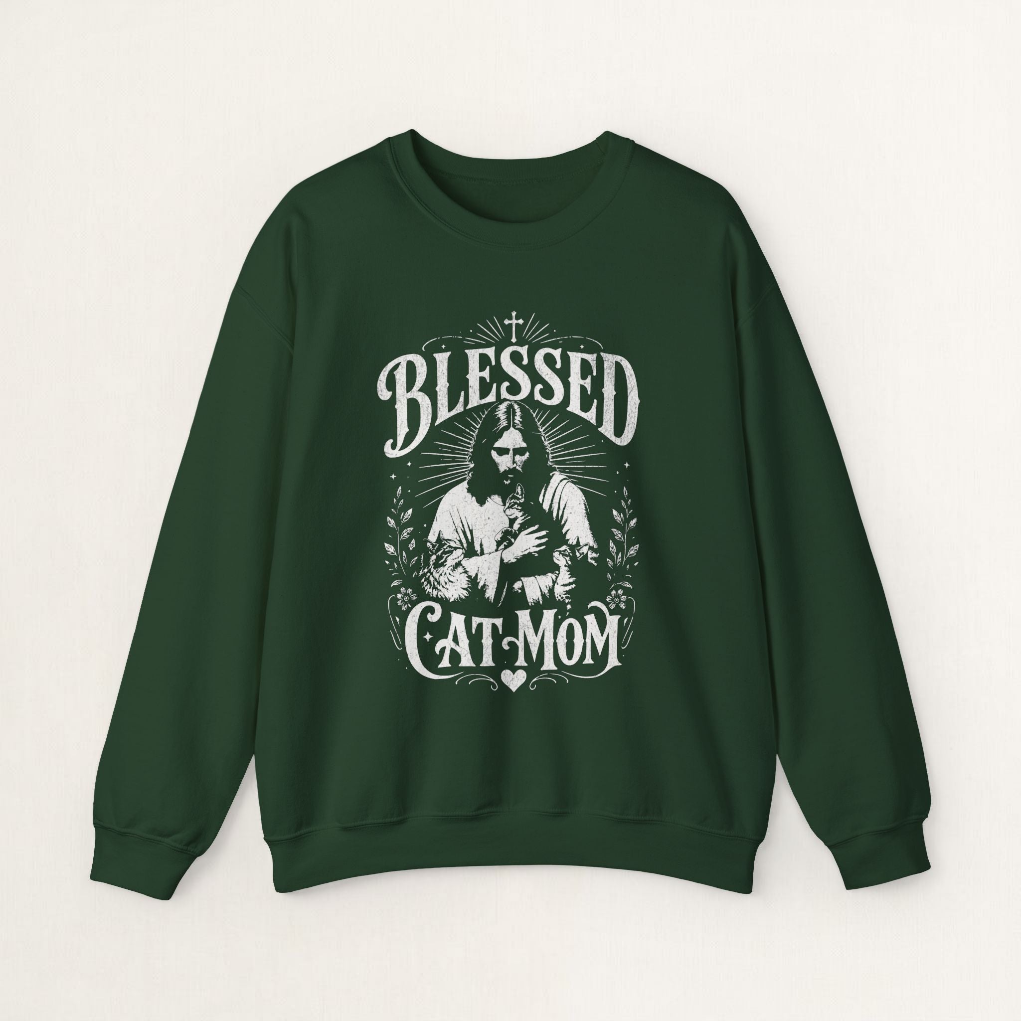 Forest green cat sweatshirt with a printed Blessed Cat Mom design and cat and wildflowers, shown flat
