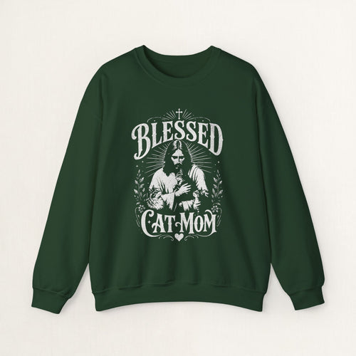 Forest green cat sweatshirt with a printed Blessed Cat Mom design and cat and wildflowers, shown flat