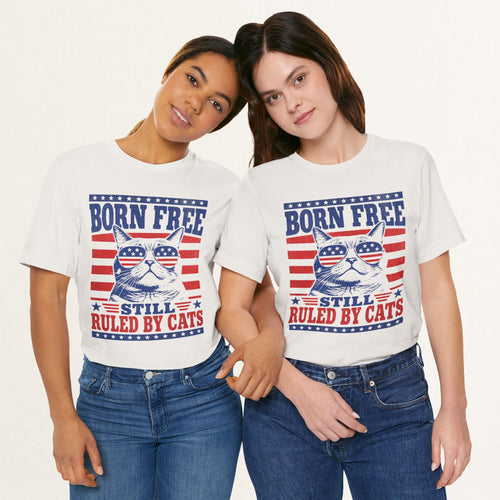Styled flat lay of vintage white Born Free Still Ruled By Cats patriotic cat tee