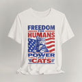 Flat lay of vintage white graphic cat t-shirt with Power For Cats print design
