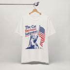 Close-up of Declares Independence patriotic cat print on vintage white unisex t-shirt