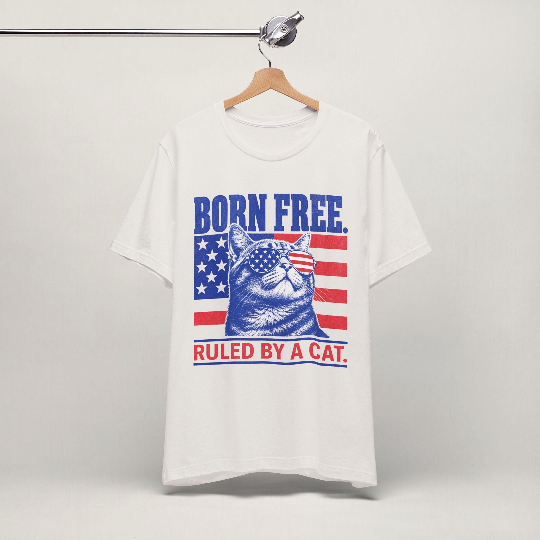 Close-up of Born Free patriotic cat print on vintage white unisex t-shirt