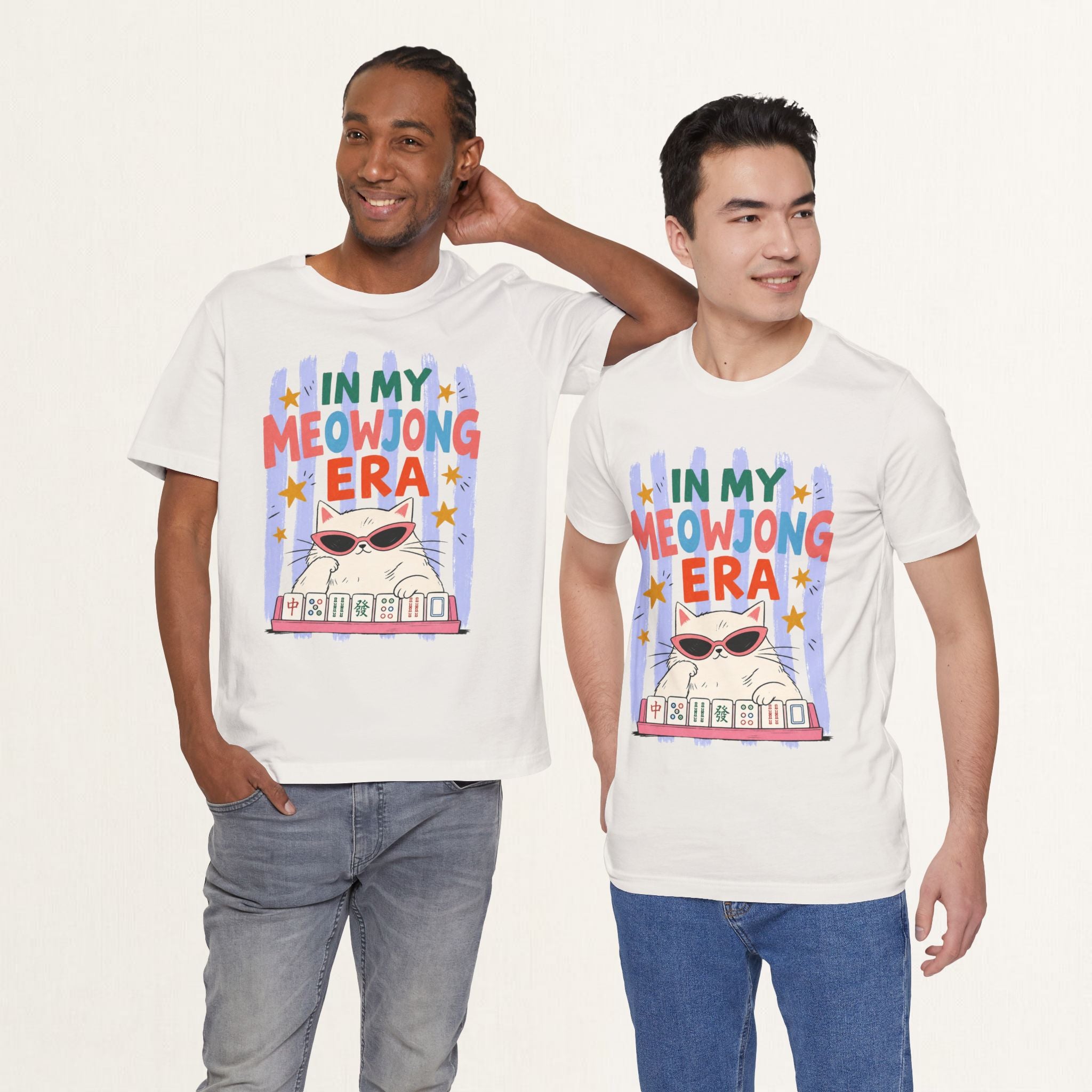 Two men wearing vintage white In My Meowjong Era cat t-shirts