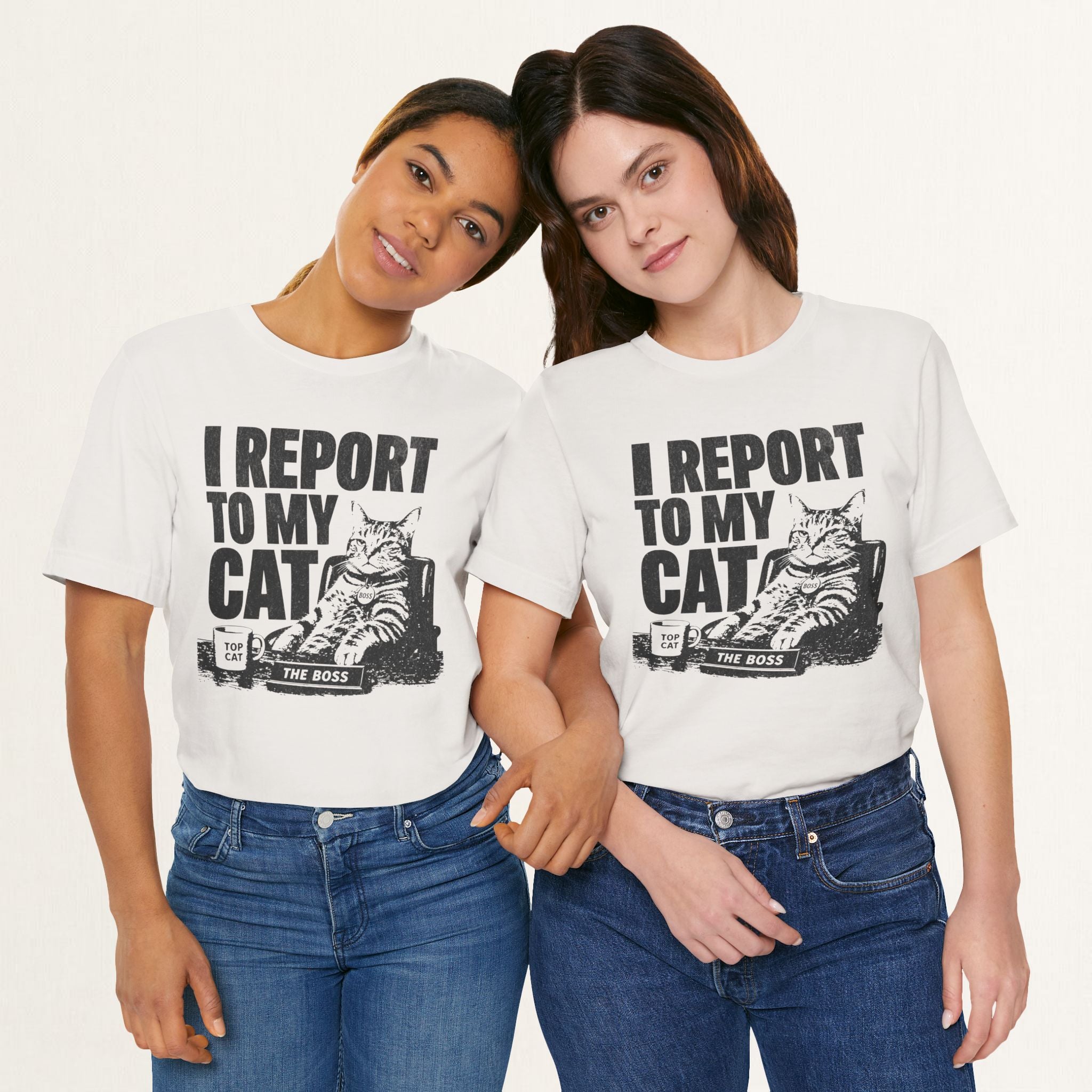 Flat lay of vintage white I Report To My Cat t-shirt, back view
