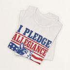 Back view of vintage white I Pledge Alledgiance patriotic cat t-shirt on model