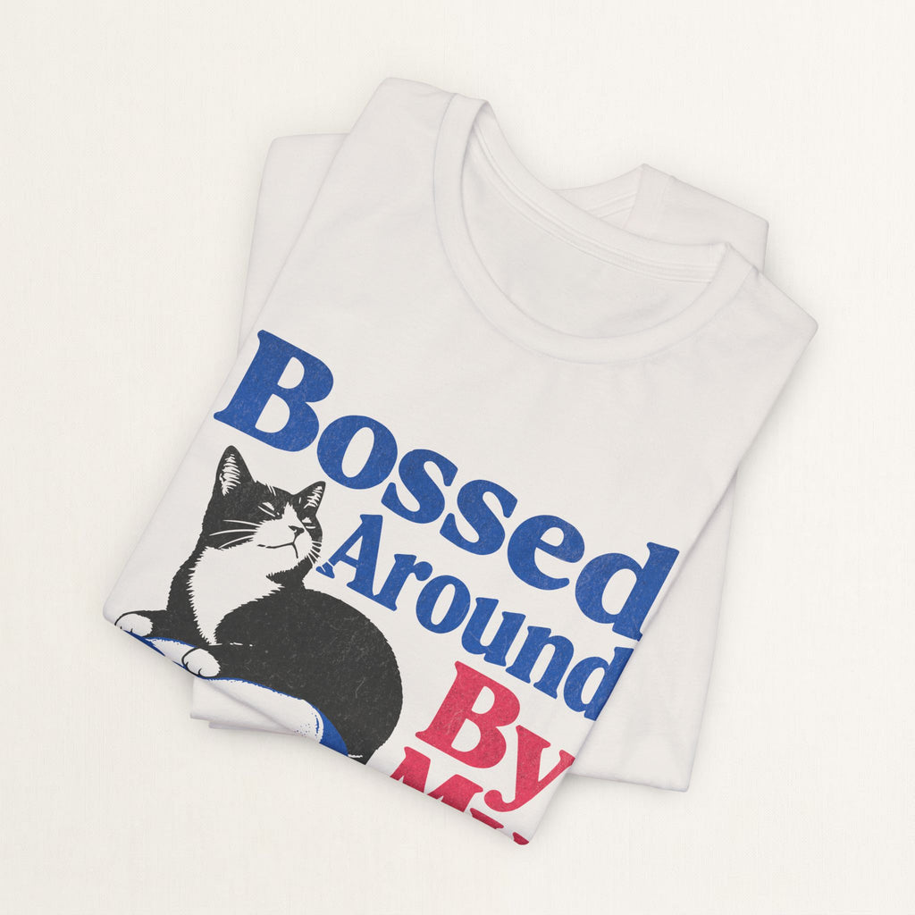 Back view of vintage white retro Bossed Around By My Cat graphic cat t-shirt on model