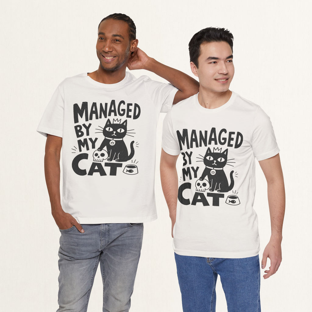 Two men wearing vintage white Managed By My Cat graphic t-shirts