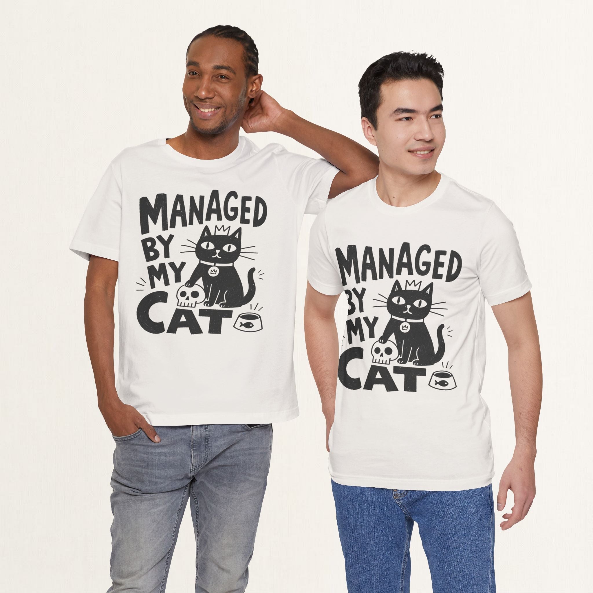 Two men wearing vintage white Managed By My Cat graphic t-shirts