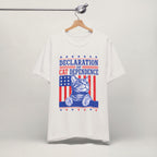 Close-up of Cat Dependence Day patriotic cat print on vintage white unisex t-shirt