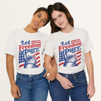 Styled flat lay of vintage white Let Freedom Purr cat graphic tee