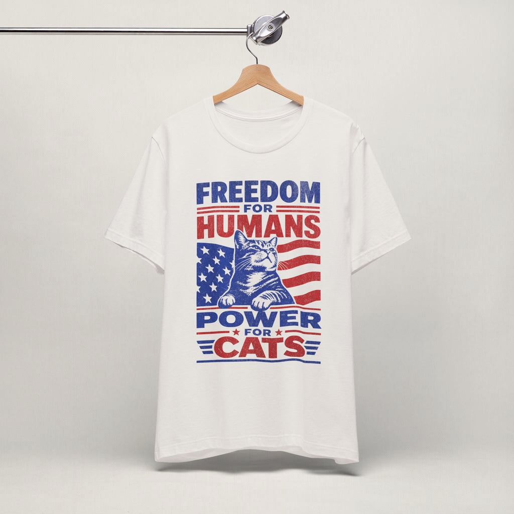 Close-up of Power For Cats print on vintage white unisex t-shirt
