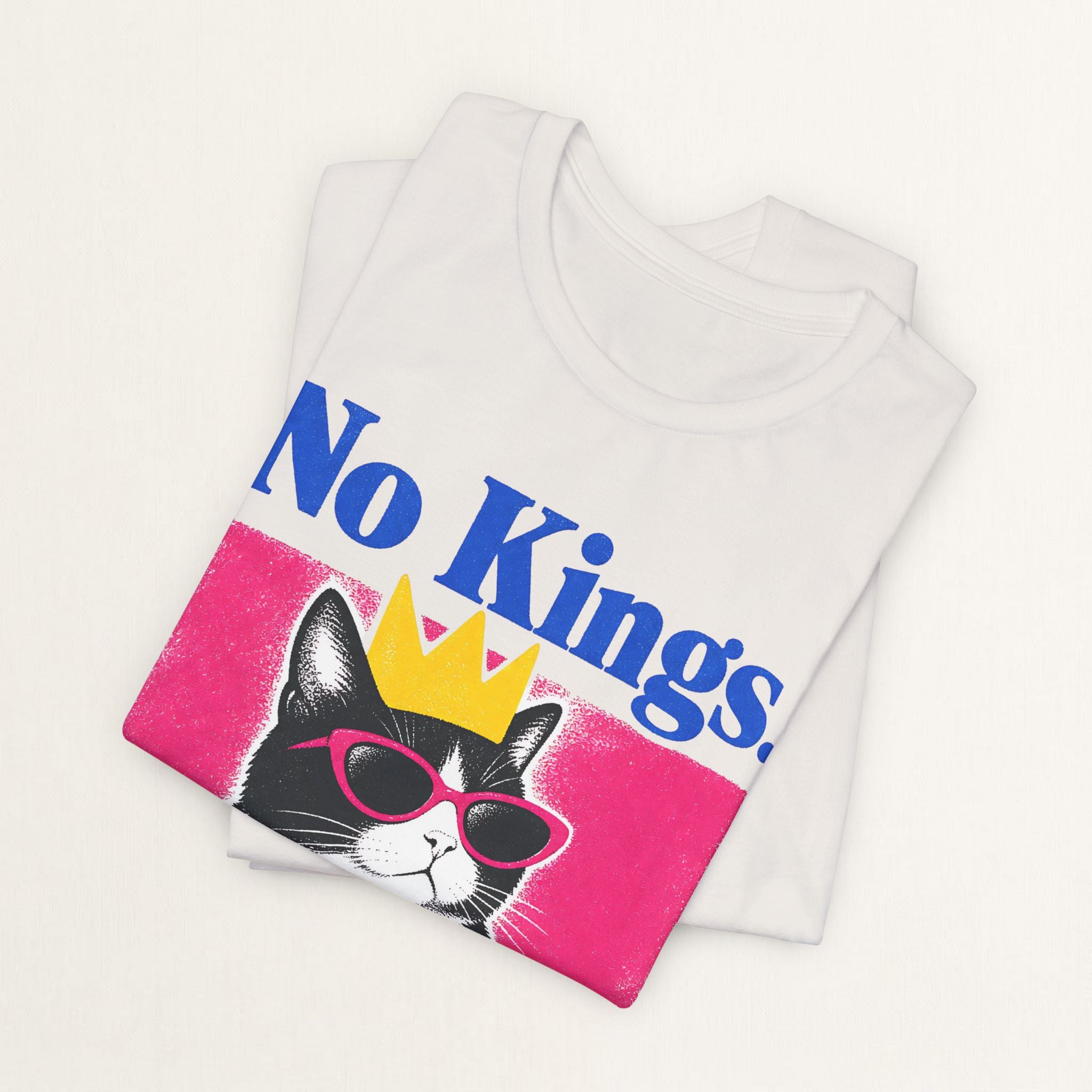 Back view of vintage white No Kings Only Cats cat t-shirt on model