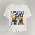 Vintage white graphic cat t-shirt with I Report To My Cat print, flat lay front view