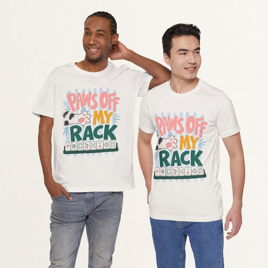 Two men wearing vintage white Paws Off My Rack mahjong cat t-shirts