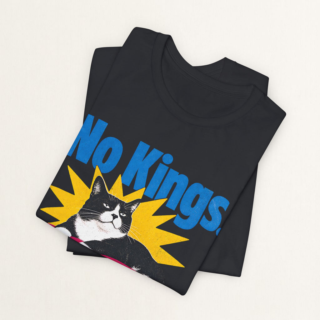 Back view of vintage white No Kings Only Cats cat t-shirt on model