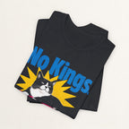 Back view of vintage white No Kings Only Cats cat t-shirt on model