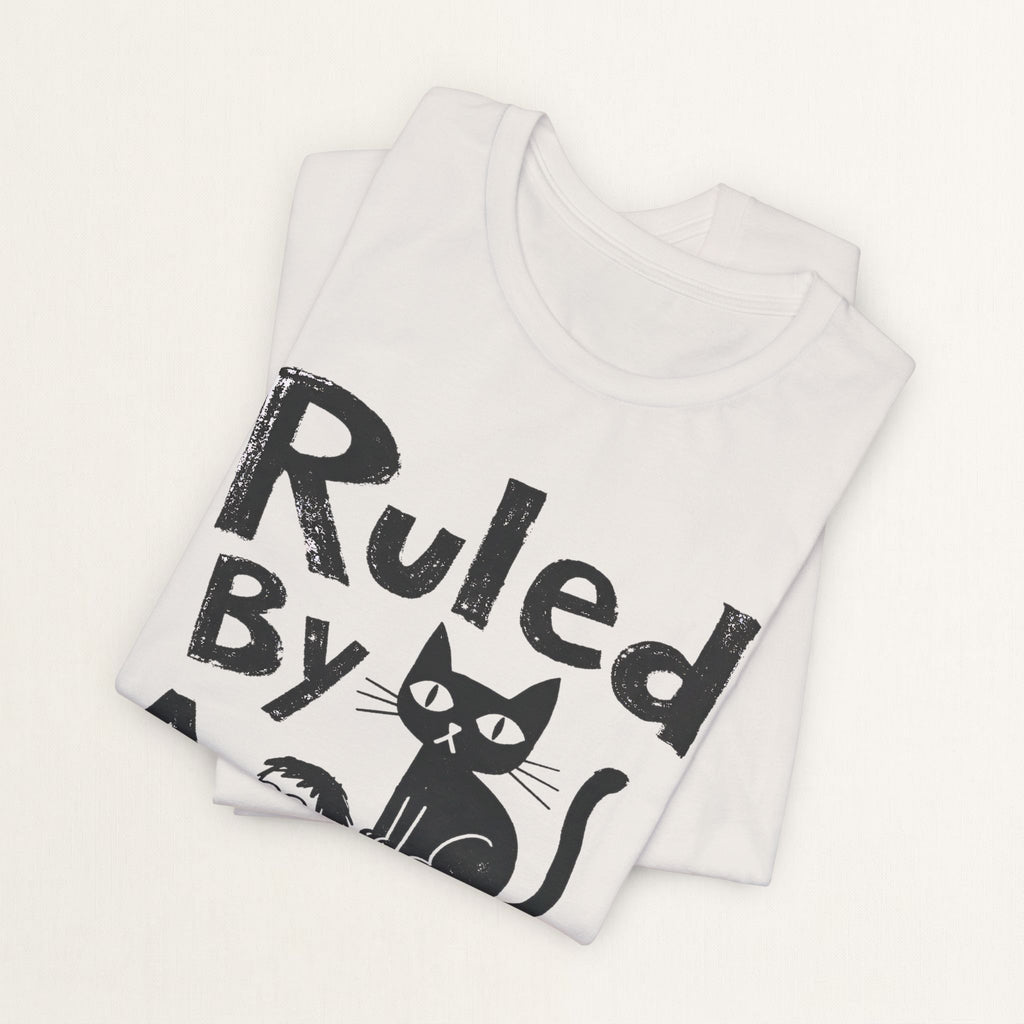 Back view of vintage white Ruled By A Cat graphic cat t-shirt on model