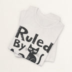Back view of vintage white Ruled By A Cat graphic cat t-shirt on model