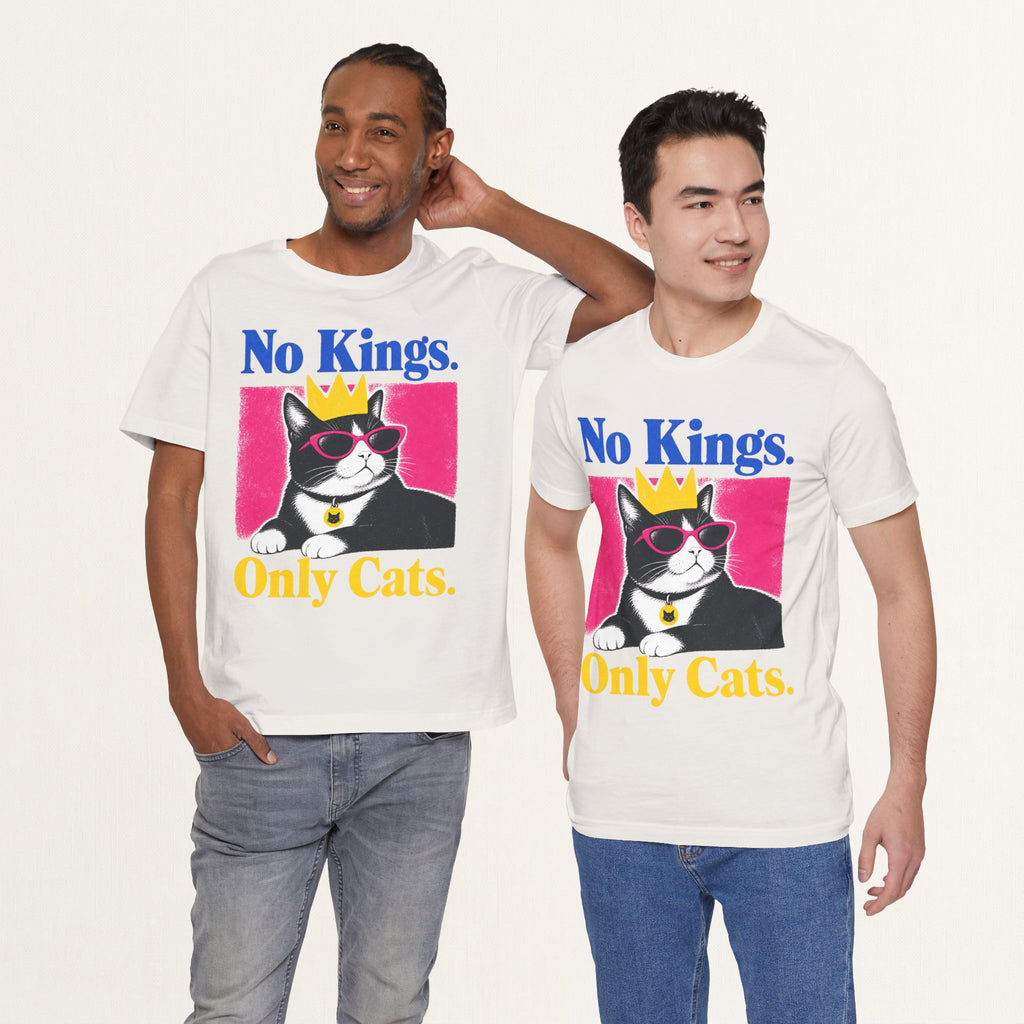Model wearing vintage white No Kings Only Cats cat t-shirt