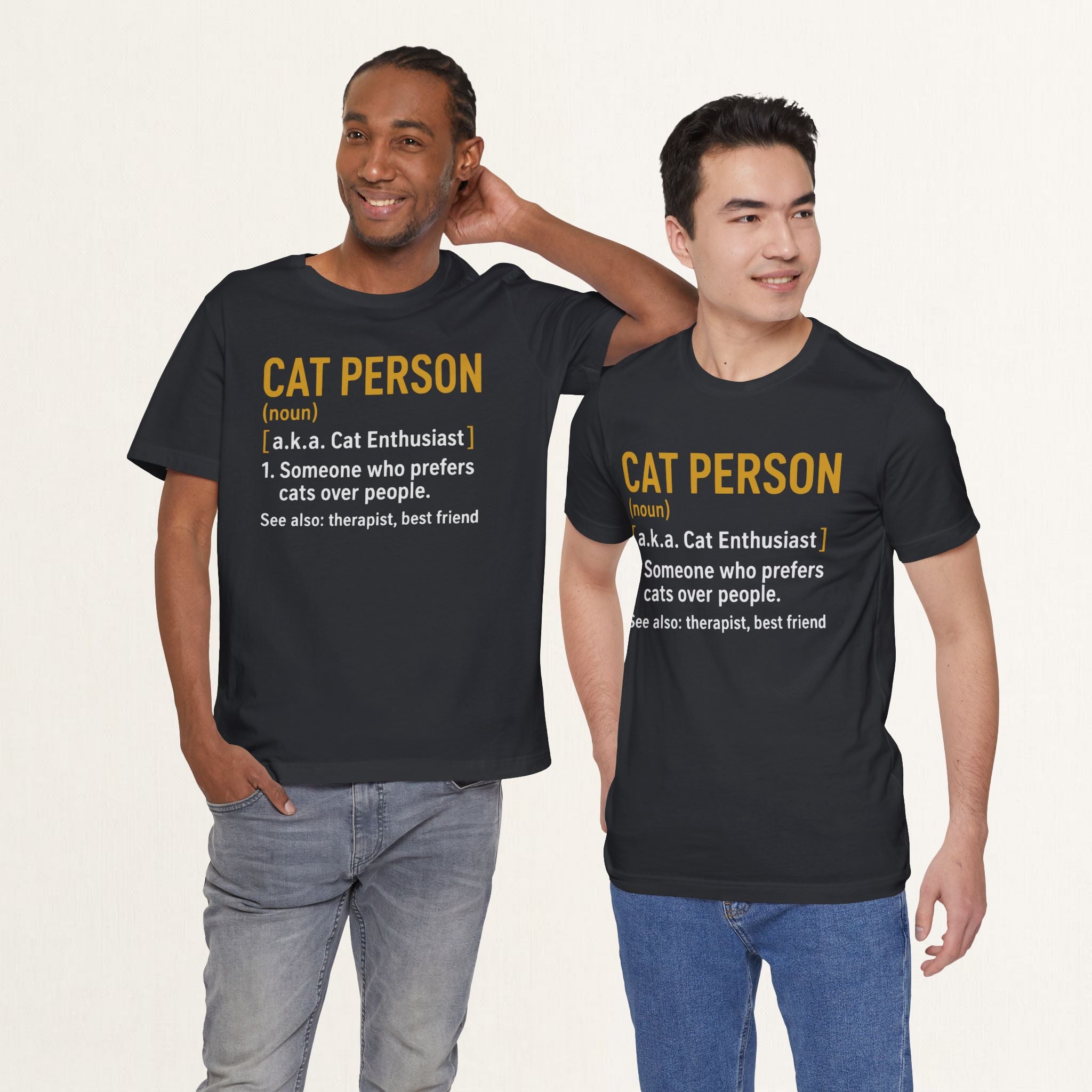 Two men wearing vintage black Cat Person cat t-shirts