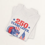 Back view of vintage white 250 Years Later cat t-shirt on model