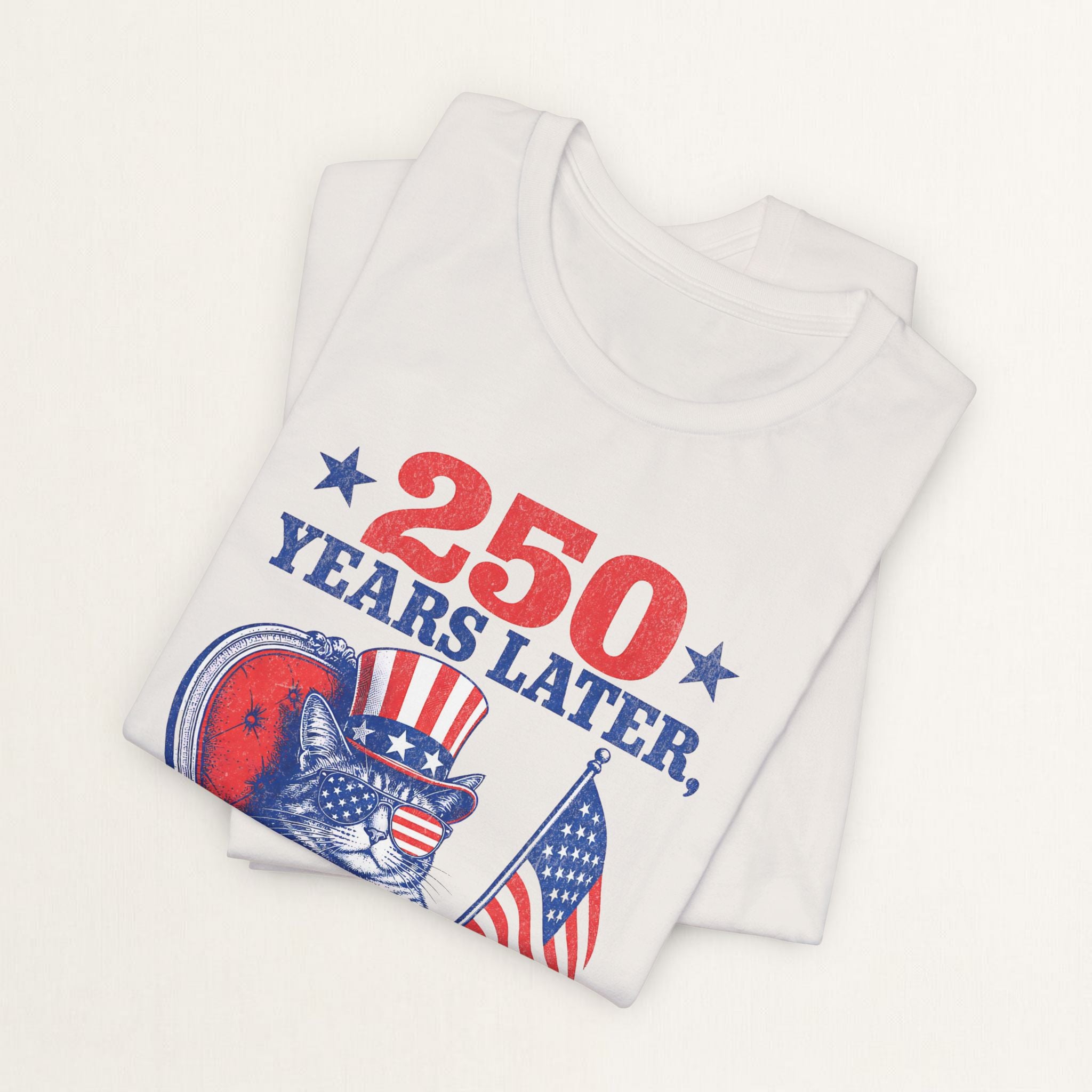 Back view of vintage white 250 Years Later cat t-shirt on model