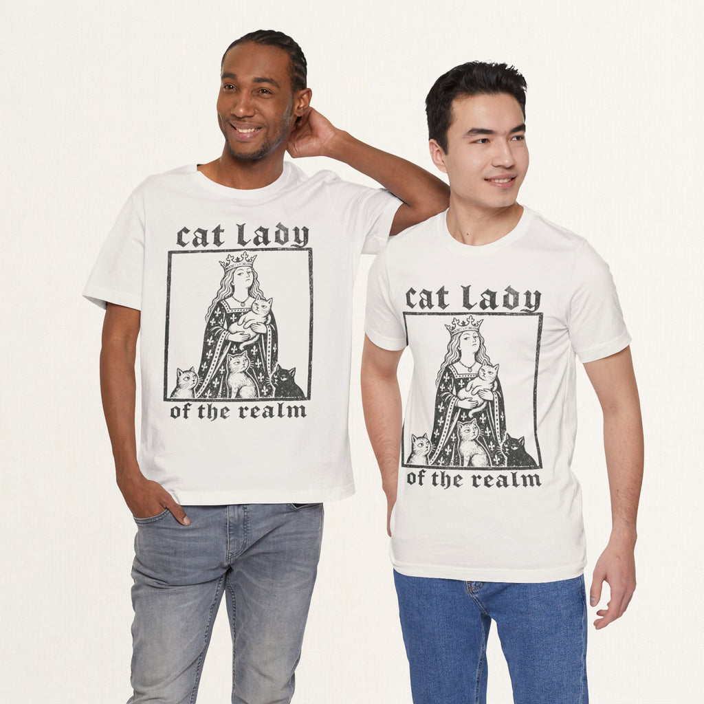 Two men wearing vintage white Cat Lady of the Realm cat t-shirts