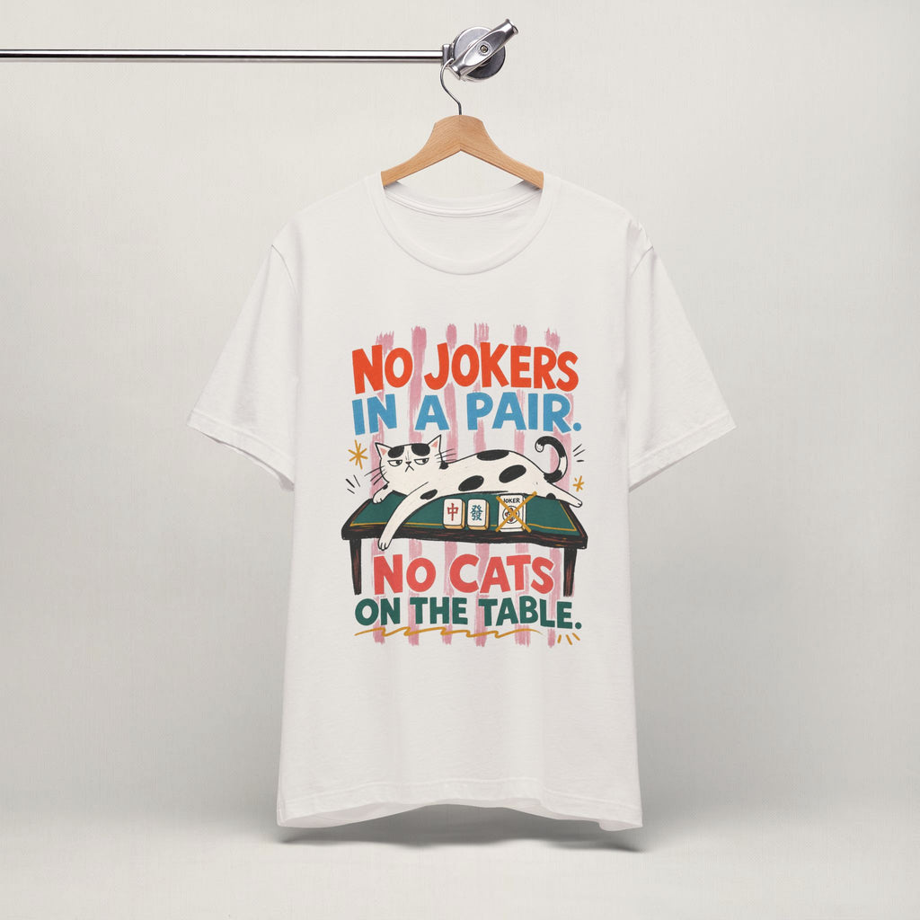 Vintage white No Jokers In A Pair mahjong cat t-shirt on a hanger