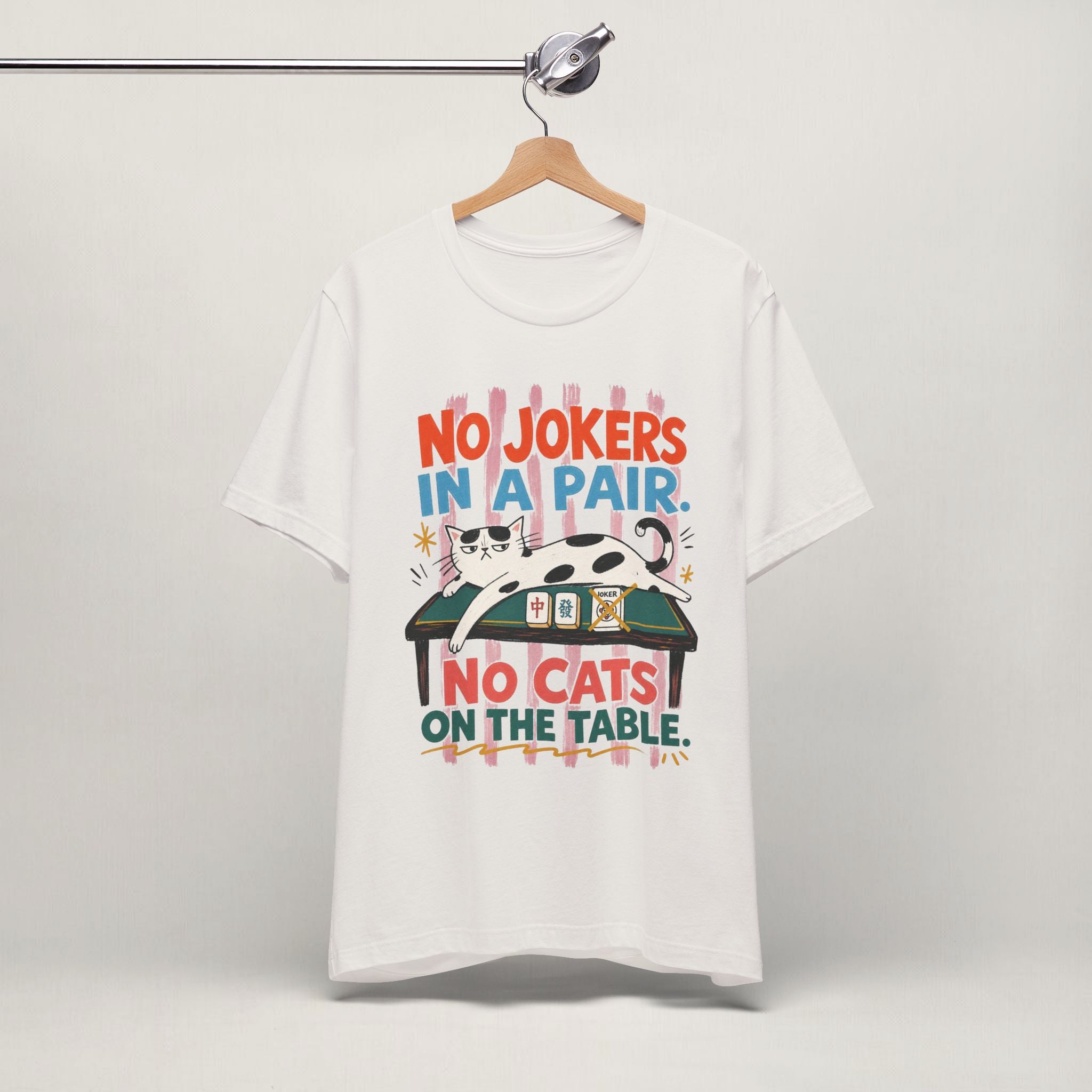 Vintage white No Jokers In A Pair mahjong cat t-shirt on a hanger