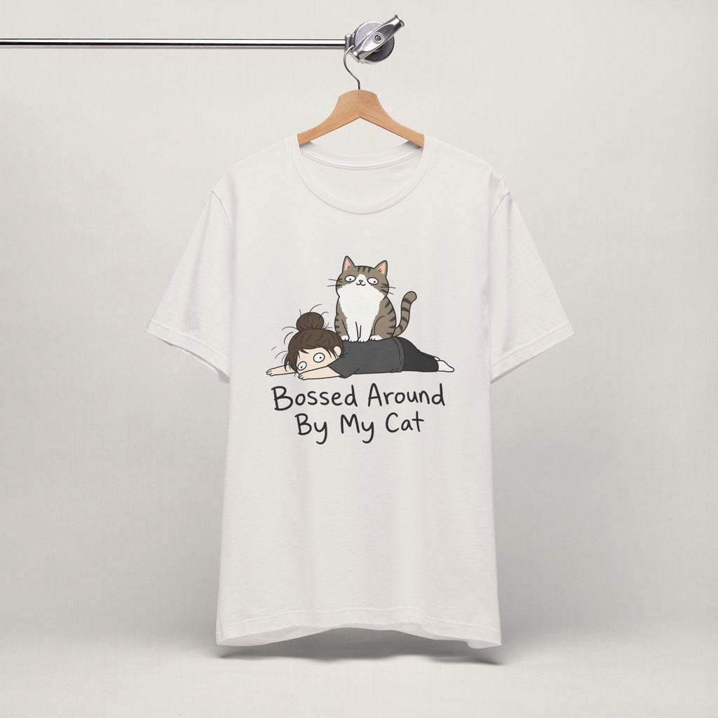 Close-up of Bossed Around By My Cat print on vintage white unisex t-shirt
