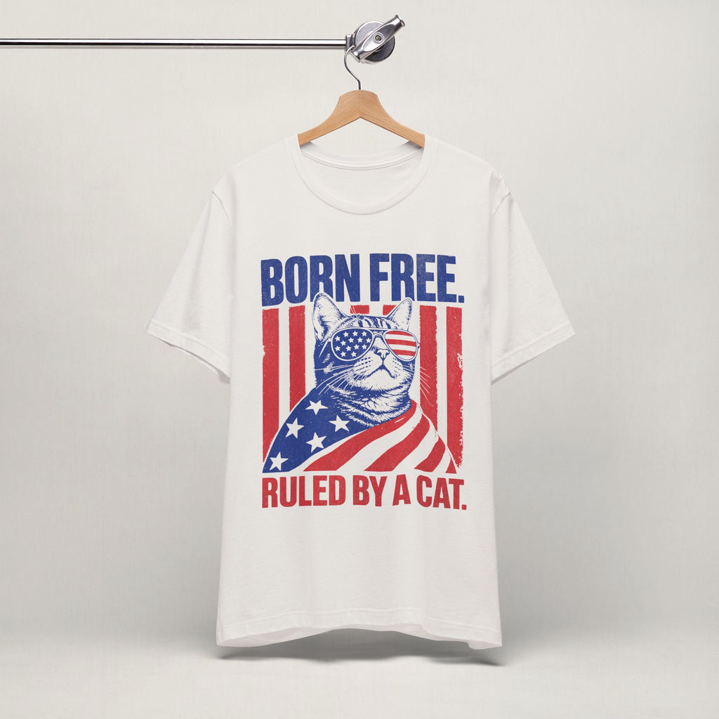 Close-up of Born Free cat print on vintage white unisex t-shirt