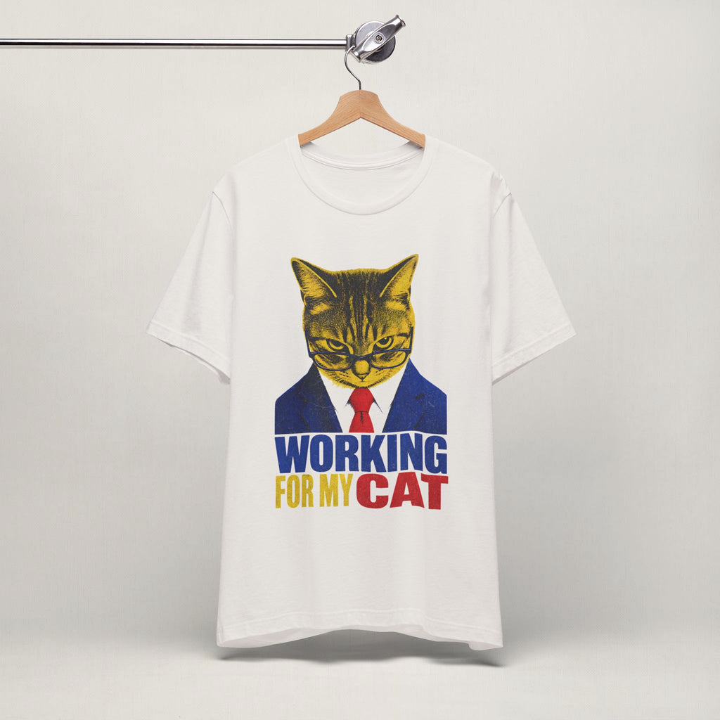 Side view of model wearing vintage white Working For My Cat t-shirt