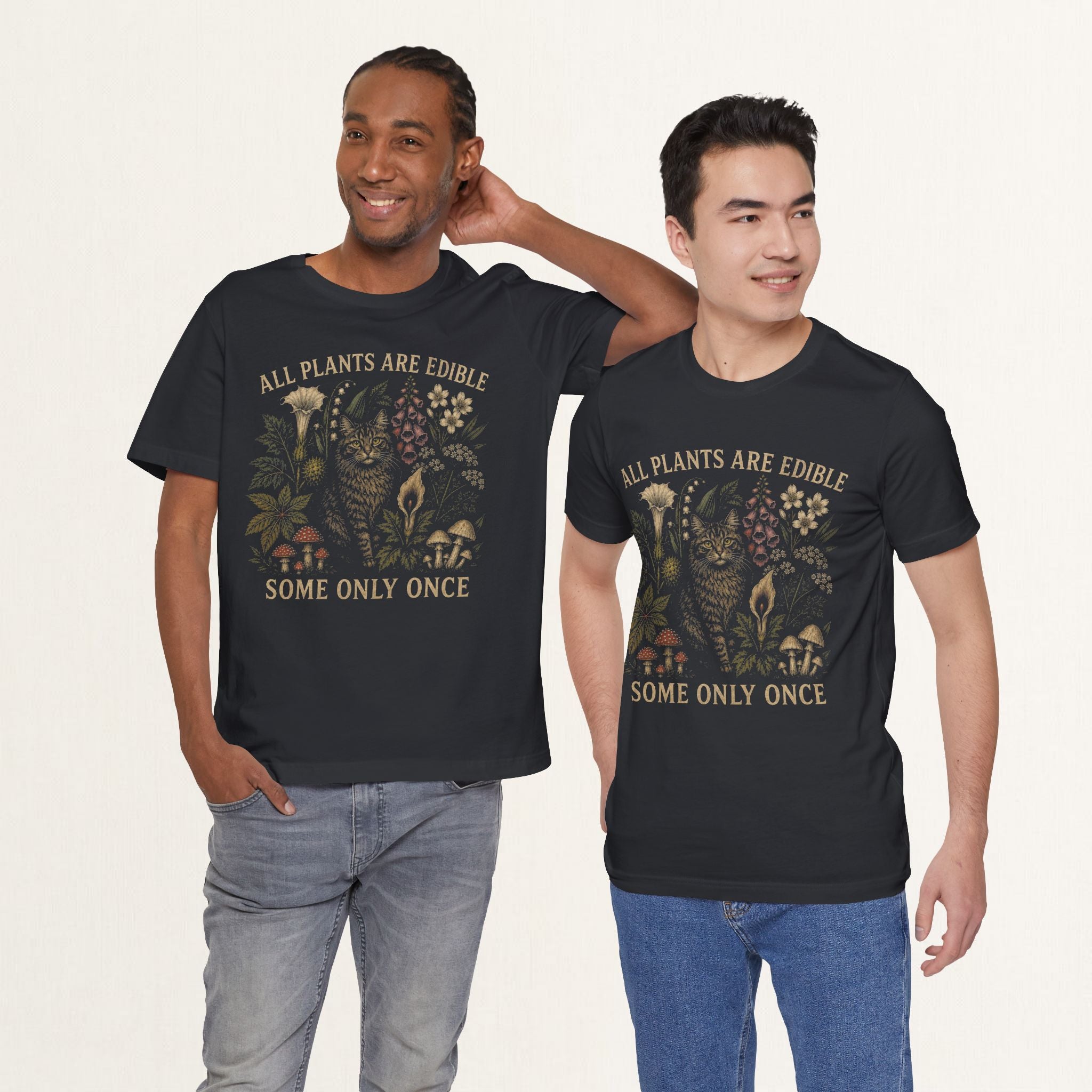 Two men wearing vintage black All Plants Are Edible cottagecore cat t-shirts