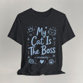 Flat lay of vintage black graphic cat t-shirt with The Boss Obviously print design