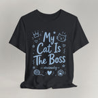 Flat lay of vintage black graphic cat t-shirt with The Boss Obviously print design