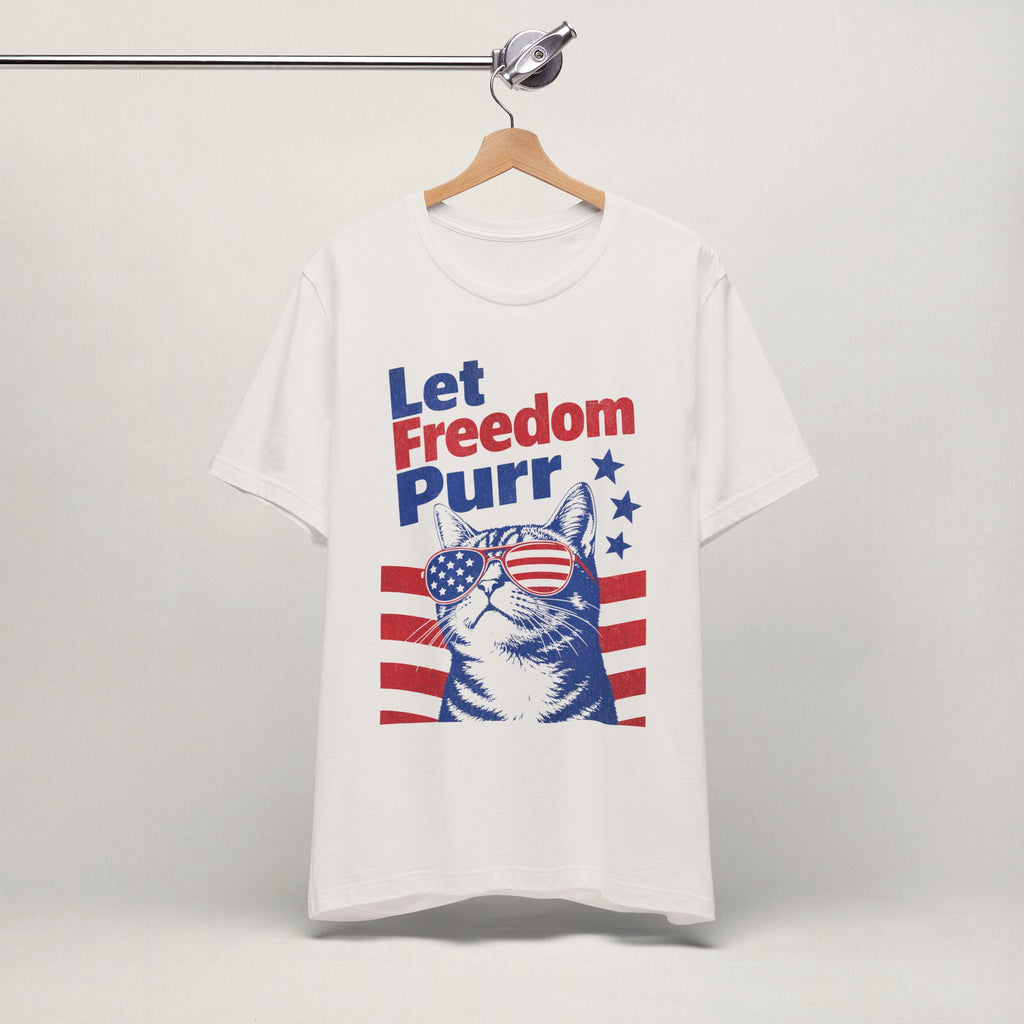 Close-up of Let Freedom Purr patriotic cat print on vintage white unisex t-shirt