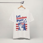 Close-up of Let Freedom Purr patriotic cat print on vintage white unisex t-shirt