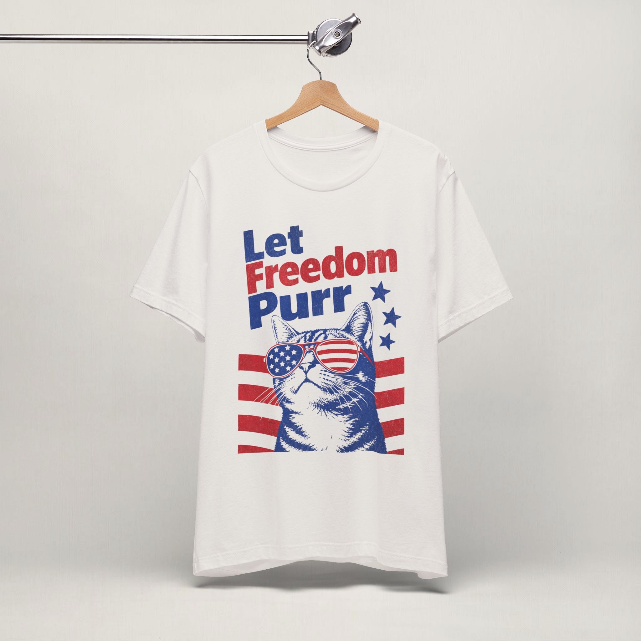 Close-up of Let Freedom Purr patriotic cat print on vintage white unisex t-shirt