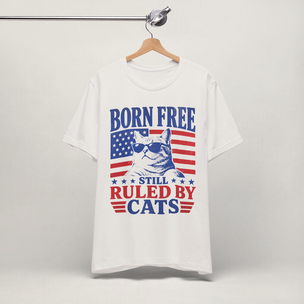 Close-up of Still Ruled By Cats print on vintage white unisex t-shirt