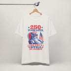 Close-up of 250 Years Later print on vintage white unisex t-shirt